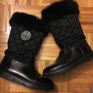 Tory Burch rabbit fur-lined black winter boots.